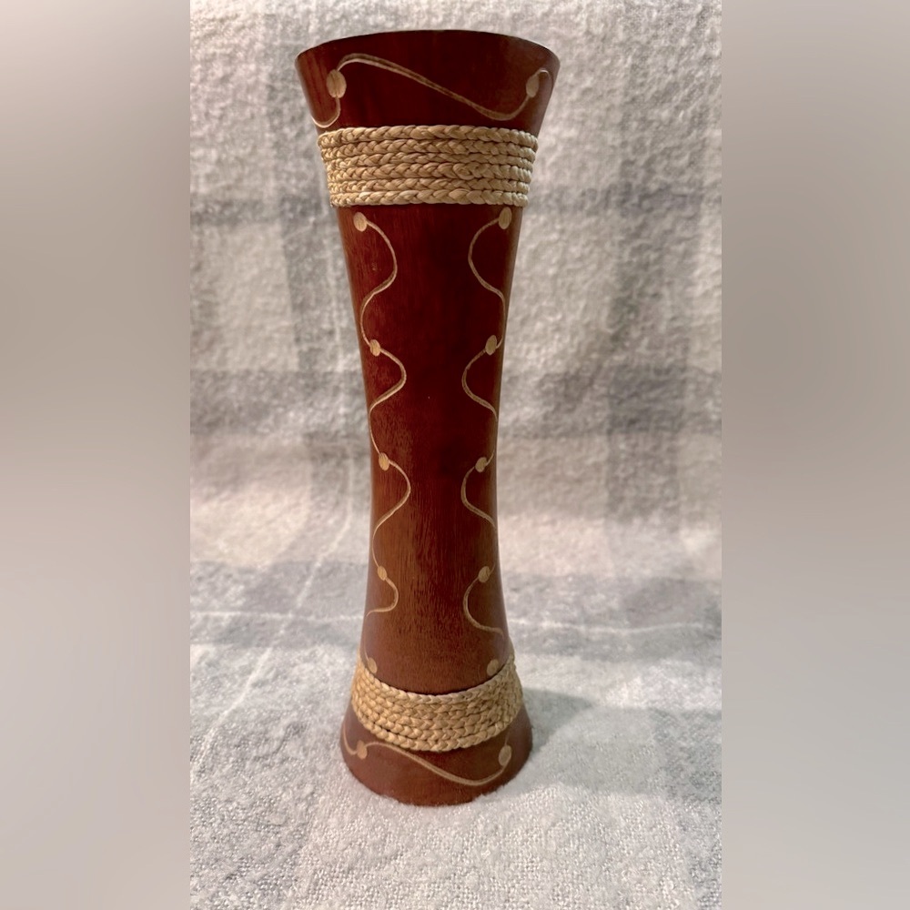 Thailand Brown Wooden Carved Accent & Rope Inlay Decorative Vase 12”